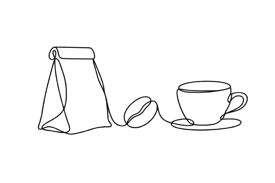 A coffee bag and cup joined by a single flowing line.