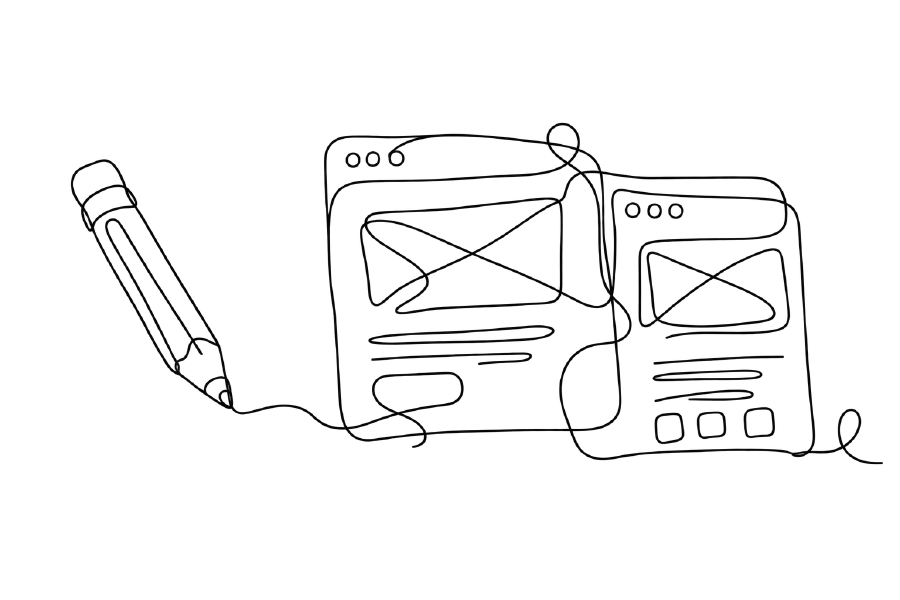 A loose continuous line forms a pencil and overlapping design frames.